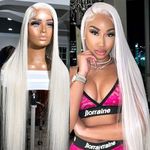 Maycaur 13X6 Lace Front Wigs Long White Wig Pre Plucked Hairline Natural Straight Synthetic Hair Free Part Platinum White Glueless Synthetic Lace Frontal Wigs for Fashion Women