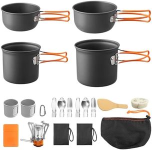 FUNYKICH 15PCS Portable Camping Cooking Set with Stove Top, Non-Stick Camping Pots and Pans Set, Lightweight Stackable Pot Pan Bowls Soup Spoon with Storage Bag for Camping, Outdoor Cooking
