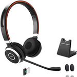 Jabra Evolve 65 Bluetooth Stereo Headphones with Microphone Bundle with MS Version, Two Mic Cushions, USB Dongle, Charging Stand, Compatible for Skype for Business, Lync, Teams, Voice & Video Apps