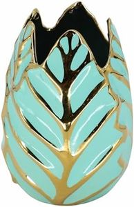 Ceramic Vase – Decorative Flower Holder for Greenery, Table Decor and Shelf Display for Living Room or Office, Leaf Pattern Accent Decorative Home Decor Vase – 6"x 6"x 8", Green and Gold