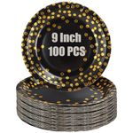 DAJAVE 100 Pcs Party Paper Plates 9Inch Black and Gold Paper Plates Round Black Paper Plates with Gold Foil Dots Party Tableware for Wedding, Engagement, Birthday, Anniversaries, Graduation