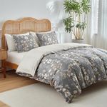 Duvet Cover Queen, Gray Duvet Cover Set Gold Floral with Zipper Closure, 3 Piece Floral Patterned Bedding Set, Ultra Soft Microfiber Duvet Cover with 4 Corner Ties (90" x 90", Gray)