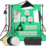 YISITONG Photography Studio 3375W Continuous Lighting Softbox Background Kit 15 x 45W Bulbs + 5-Socket Light Heads Soft Box Kit + 4 Backdrops (Black/White/Green/Gray) Background Light Stand Reflector