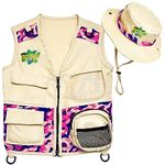 Safari Kidz Outdoor Explorer Kit - Camouflage Cargo Vest and Hat Set, Backyard Nature Adventures, Washable Costume for Boys and Girls … (Pink)