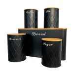 Oypla 5pc Black Bamboo Lid Kitchen Canister Storage Tin Set Bread Biscuits Tea Sugar Coffee