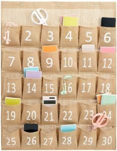 Juvale 30-Row Burlap Cell Phone Holder for Classroom, Farmhouse Designed White Numbered Hanging Pocket Organizer for Mobile Phones, Calculator Caddy, Organization (23x31 in)