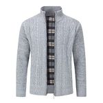 Sliktaa Mens Knitted Cardigan Thick Sweater Full Zip Wool Stand Collar Cardigans Coat Fleece Lined Long Sleeve Cardigan, XL, Light Grey