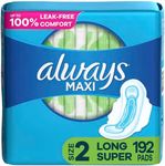 Always Maxi Feminine Pads For Women, Size 2 Long Super Absorbency, Multipack, With Wings, Unscented, 32 Count x 6 Packs (192 Count total)