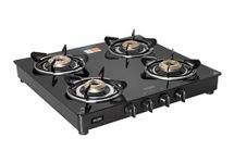 Glen 4 Burner Toughened Glass Top | LPG Gas Stoves | Brass Burners | Black | ISI Certified | 1043 GT BB BL (Manual)