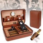 Premium Leather Cigar Humidor Set, Insides Magnetic Hygrometer &Cedar Wood, Cigar Humidifier, V Cutter, Cigar Stand and Punch, Holds 4 Cigars, Portable Travel Cigar Case for Festival Gift, Birthday