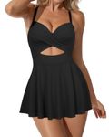 DOULAFASS Women Cut Out Swimming Costume with Skirt V Neck Wrap Tie Back Tummy Control Swimsuit Padded One Piece Swimwear Swim Dress Black