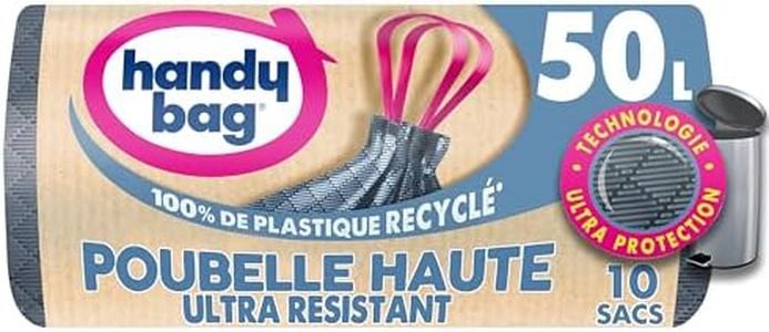 Handy Bag - Sacs poubelle haute à poignées coulissantes 50L x 10 sacs - Technologie Ultra Protection : trame et film triple épaisseur - Étanch�éité maximale - 100% plastique recyclé