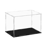 Clear Acrylic Display Case,Self-Assembly Display Box with Black Acrylic Base,Countertop Box Cube Organizer Stand Riser Dustproof Protection Showcase for Action Figures Toys Collectibles(9.5x8x8 inch)