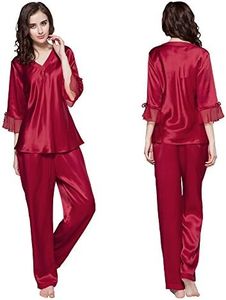 LilySilk Silk Pajama Sets for Women 100% Mulberry Silk 3/4 Sleeves V Neck Pjs Sleepwear XL, Claret