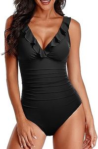 Holipick Women One Piece Swimsuits Tummy Control Bathing Suit Ruffle V Neck Swimwear Slimming Monokini, Whole Black, Medium