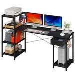 GYIIYUO Computer Desk 63 Inch with 4-Tier Wider 14'' Printer Shelves, Reversible Industrial Home Office Desk with Fabric Drawer and Extra Host Stand, Sturdy and Stable Study Desk, Space Saving, Black