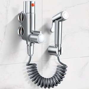 Muslim Shower for Toilet Douche Kit, Mini Bidet Thermostatic Shower Mixer with Bidet Sprayer for Toilet, Bidet Sprayer Kit Bidet Douche Chrome, 45mm Centres Vertical Muslim Shower Mixer Kit Silver