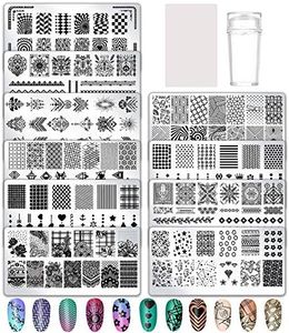 birdsunshine 10 Pcs Nail Stamping Plates, Flowers, Lace, Geometric Patterns Nail Art Stamping Templates Manicure Tool Kit, with 1 Stamper and 1 Scraper