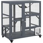PawHut Cat Cage House, Catio Cat Indoor Enclosure on Wheels, Weather-Resistant Wooden Kitty Cage with Platforms, Hammock, Light Grey