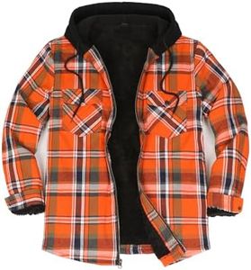 Mens Hooded Flannel Shirt Jacket Cotton Thick Fall Winter Warm Sherpa Fleece Lined Zip Up Plaid Shacket Orange S