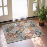 Xfrog Moroccan Floral Area Rug, 60x110cm Entryway Rug Non-Slip Washable Small Rug, Ultra Soft Antique Print Vintage Distressed Low-Pile Indoor Door Mat Floor Cream Carpet for Entrance Kitchen Bathroom