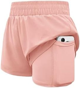 WIFFGO Girls Athletic Shorts Elastic High Waist 2 in 1 Shorts with Side Pockets Running Workout Sports for Teen Kids Pink