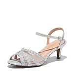 DREAM PAIRS Women's Heels Sandals Ankle Strap Peep Toe Low Kitten Dress Wedding Shoes Nina-166 Silver Size 7 US/ 5 UK