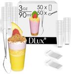 DLux 50 x 3 oz Mini Dessert Cups with Spoons, Shooter - Clear Plastic Parfait Appetizer Cup - Small Reusable Shot Glass for Tasting Party Shooters Desserts Appetizers - with Recipe Ebook