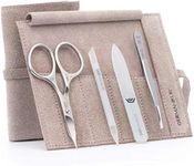 GERMANIKURE 4pc Mini Professional Manicure Set in Beige Suede Case - FINOX Stainless Steel Tools Made in Solingen Germany, Glass Nail Care Supplies Made in Czech Republic