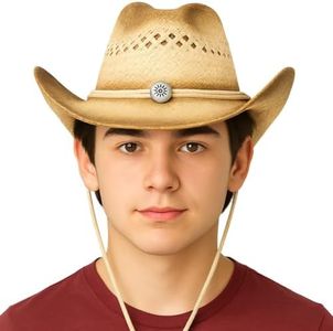 ArtCreativity Straw Cowboy Hat for Teens, 1PC, Cowboy Costume Hat with Chinstrap and Sunburst Pendant, Cow Boy Costume Prop for Kids, Dress Up Parties, and Country Concerts