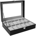 12 Watch Display Box Case Faux Leather, Black + Grey Lining