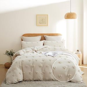 Sedefen Housse de Couette Tuftée 220 x 240cm 3 Pièces Beige Forme de Coeur Broderie Parure de Lit Shabby Chic Boho Jacquard Microfibre avec Fermeture Éclair et 2 Taie d'oreiller 65x65cm