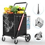 XING LANG Folding Shopping Cart with 360° Rolling Swivel Wheels & Brakes - 5ft³ Foldable Grocery Cart with Double Basket & Liner, 480lbs Portable Heavy Duty Utility Carts for Laundry Luggage Travel