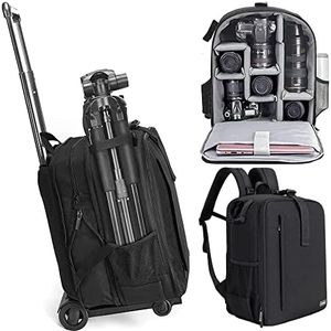 Cwatcun Camera Backpack Trolley Case Bag with Tripod Holder Anti-Theft Waterproof Camera Bag fits 15.6' Laptop for Canon Nikon Sony DSLR SLR Camera for Women Men Photographer(5.0 Black, Large)