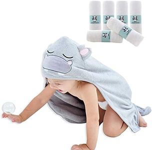 HIPHOP PANDA Hooded Baby Towel and Washcloths Set - 2 Layer Ultra Soft Absorbent Towel - Newborn Bath Face Towel - Natural Reusable Baby Wipes for Sensitive Skin - Baby Registry as Shower