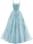 HYEC7 Women's Spaghetti Straps Tulle Prom Dresses Long Lace Appliques Ball Gown Formal Evening Party Gowns Baby Blue