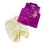 Picksparrow Baby Boy Cotton Silk-Tissue Kasavu Cotton Shirt with Dhoti pant (Peacock-Sleeveless) (1-2 Years, Purple)