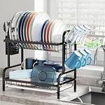 iSPECLE 2 Tier Dish Drainer Rack - Rustproof Dish Drying Rack with Automatic Drainage, Dish Rack with Drainboard and Cup Holder, Large Capacity Draining Board Rack for Small Kitchen Countertop, Black