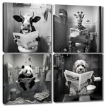 Black and White Canvas Wall Art - 4 Panels Framed Lovely Animals Reading Newspaper in the Bathroom Canvas Painting Cute Cow Deer Panda and Dog Pictures Wall Decoration for Restroom WC 12x12 inches