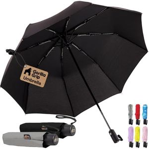 GORILLA GRIP Strong Stick Umbrella for Rain, Compact Travel One-Click Automatic Open Close, Lightweight Portable US Designed Reinforced Fiberglass Ribs, Wind Resistant Easy Collapse Black Gray 2 Pack