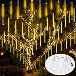 LORRYTE 2-Pack 16 Tubes 384 LEDs Extendable Meteor Shower Christmas Lights Outdoor, Icicle Lights Outdoor Meteor Shower Rain Lights for Christmas Decorations Outdoor Yard Tree (Warm White)