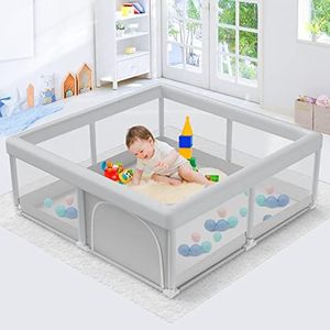 Baby Playpen 51"x51" Play Pens for Babies and Toddlers, Play Yards for Indoor & Outdoor with Zipper Gates, Breathable Mesh with Anti-Slip Base(Grey）
