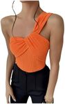 OYOANGLE Women's Textured One Shoulder Twist Front Ruched Bodysuit Sleeveless Tank Top Body Suits Orange Small