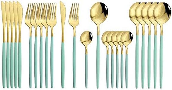JASHII Flatware Serving Set 24 Piece, Stainless Steel Silverware Set, Mint Green Gold Cutlery Set, Modern Elegant Tableware Set for Party, Christmas, Dinner (Mint Green Gold)
