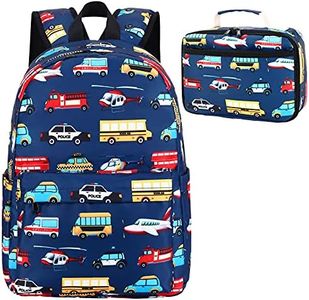 LEDAOU Kids School Backpack with Lunch Box for Boy Kindergarten BookBag School Bag Preschool Kindergarten Toddler Backpack, Car Airplane Pattern-navy, Large, Kids Backpack