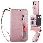 ZTOFERA Flip Case For HUAWEI P Smart 2019,Premium PU Leather Stand Wallet Card Slots Magnetic Protective Bumper Case Cover,Zipper Case With Wrist Strap For HUAWEI P Smart 2019 - Rose Gold