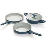 Ember Cookware Arcilla Ceramic Non Stick Cookware Set of 3 | Frying Pan 24 cm, Kadai 2.6 Litre with Glass Lid & Tawa 28 cm | Non Toxic Cookware | Gift Set | ISI Certified | 5-Year Warranty | Blue