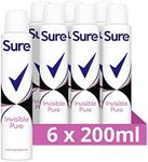 Sure Invisible Pure Anti-Perspirant Aerosol pack of 6 deodorant for women that protects against white marks and yellow stains for 48-hour sweat and odour protection 200 ml