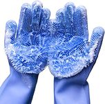 Yinceber Silicone Dishwashing Gloves, Reusable Rubber Scrubbing Gloves for Dishes,Sponge Wash Cleaning Gloves with Scrubbers for Housework, Bathroom, Kitchen, Car, Pets. 1Pair (13.6" Large) (blue)