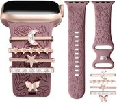 DaQin Flower Engraved Band Compatible with Apple Watch Bands 44mm 42mm 45mm 46mm for Women, Soft Silicone Band With Decorative Apple Watch Charms for iWatch Series 10 9 8 7 6 5 4 3 2 1 SE (with Band)